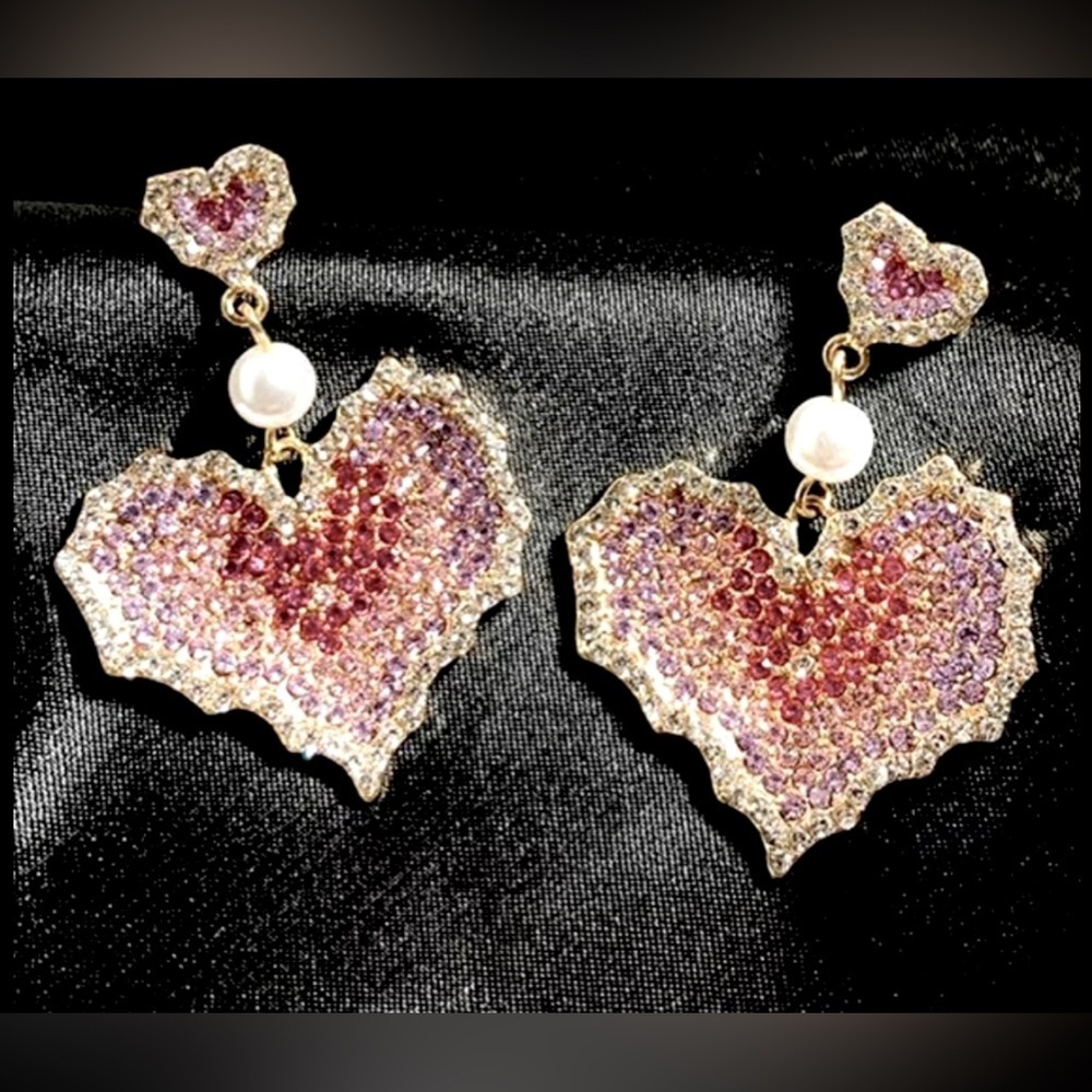 🆕 Glamorous Pink & Silver Rhinestones Earrings Heart Shape